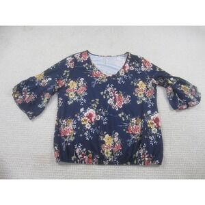 PerSeption Concept Shirt Womens XL Navy Blue Floral Bell Sleeve V-Neck Stretch